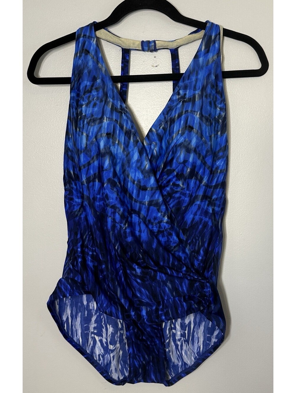 Miraclesuit Slimming One Piece Swimsuit Blue Print Cross Front Haltered Size 14.